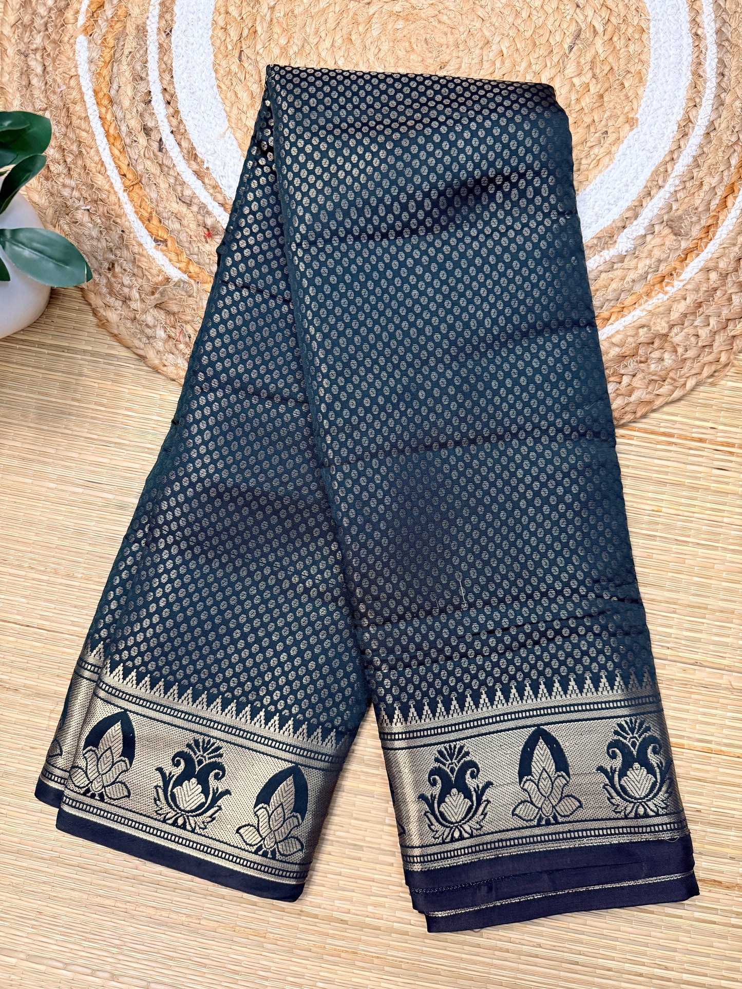 Teal & Black Semi Silk Saree with Silver Zari Jaal & Lotus Border SS101