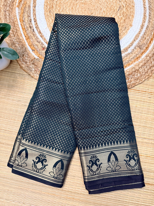 Teal & Black Semi Silk Saree with Silver Zari Jaal & Lotus Border SS101