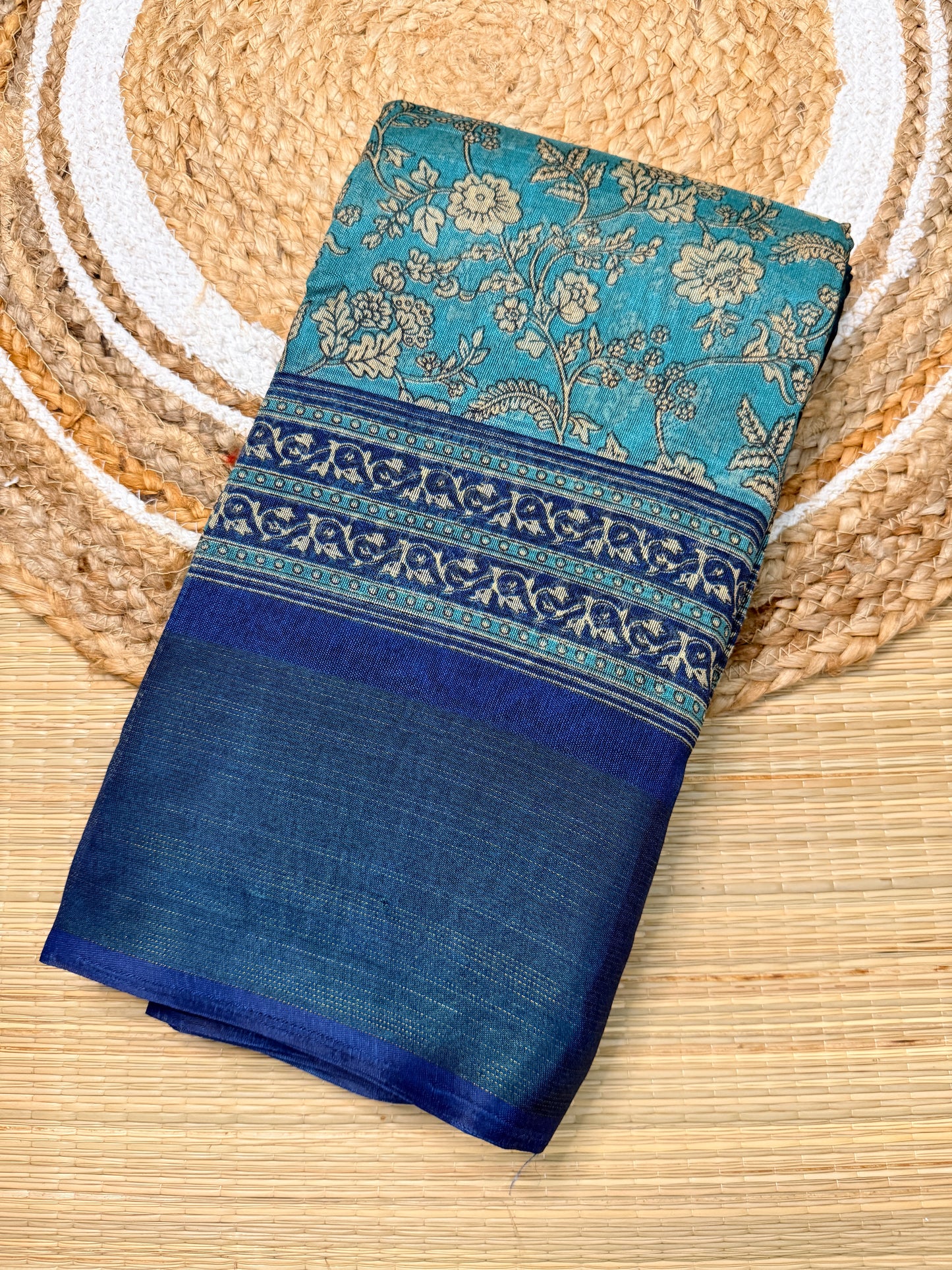 Navy Blue & Teal Linen Cotton Blend Saree with Floral Print Pallu FS01