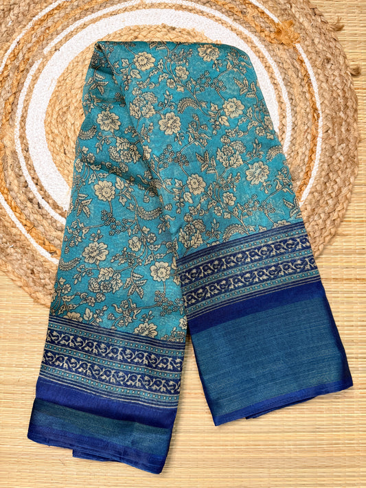 Navy Blue & Teal Linen Cotton Blend Saree with Floral Print Pallu FS01