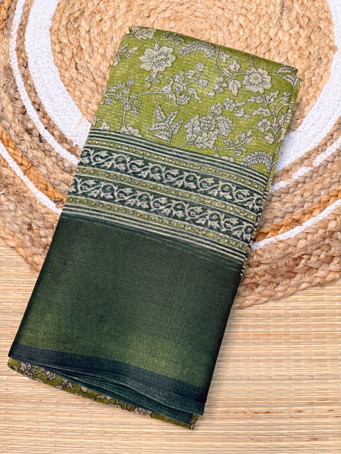 Lime Green Floral Print Linen Cotton Blend Saree with Dark Green Border FS04