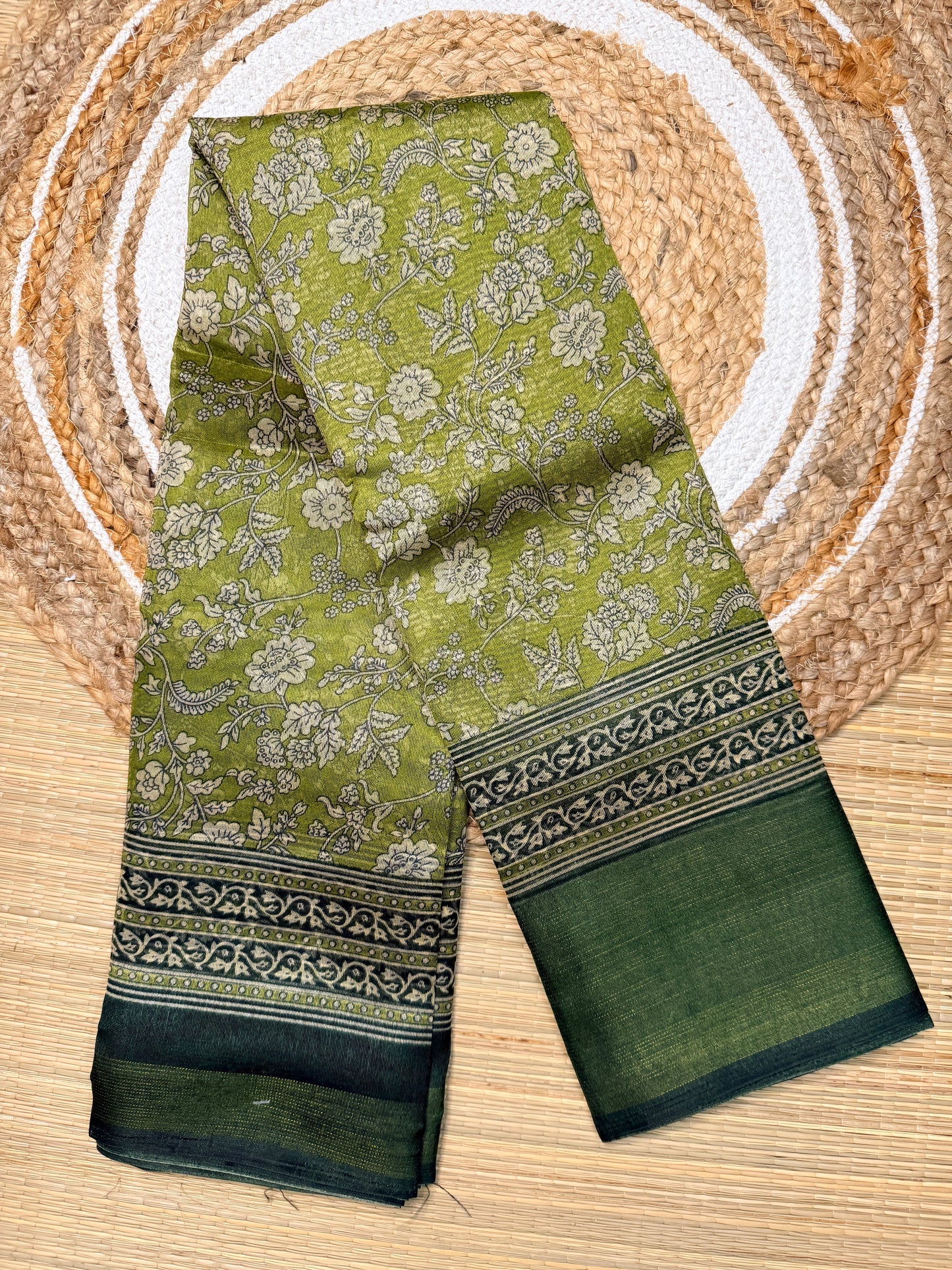 Lime Green Floral Print Linen Cotton Blend Saree with Dark Green Border FS04
