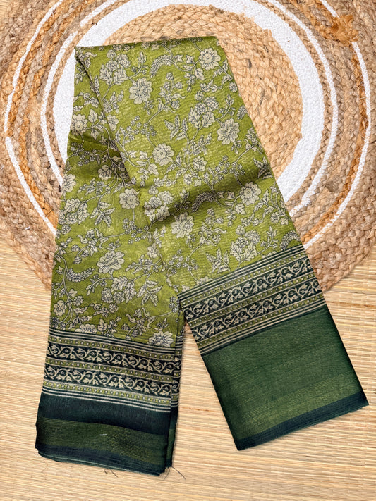 Lime Green Floral Print Linen Cotton Blend Saree with Dark Green Border FS04