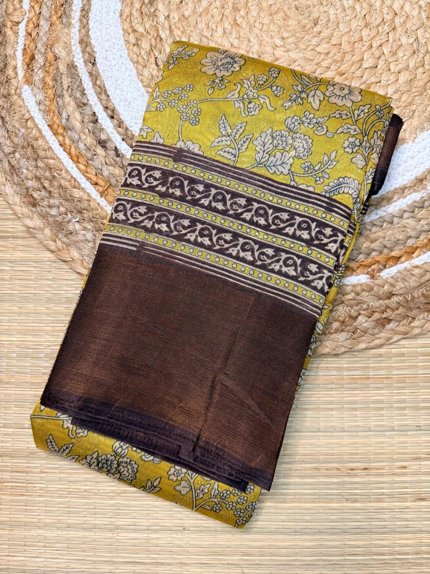 Olive Green Floral Print Linen Cotton Blend Saree with Dark Brown Border FS03