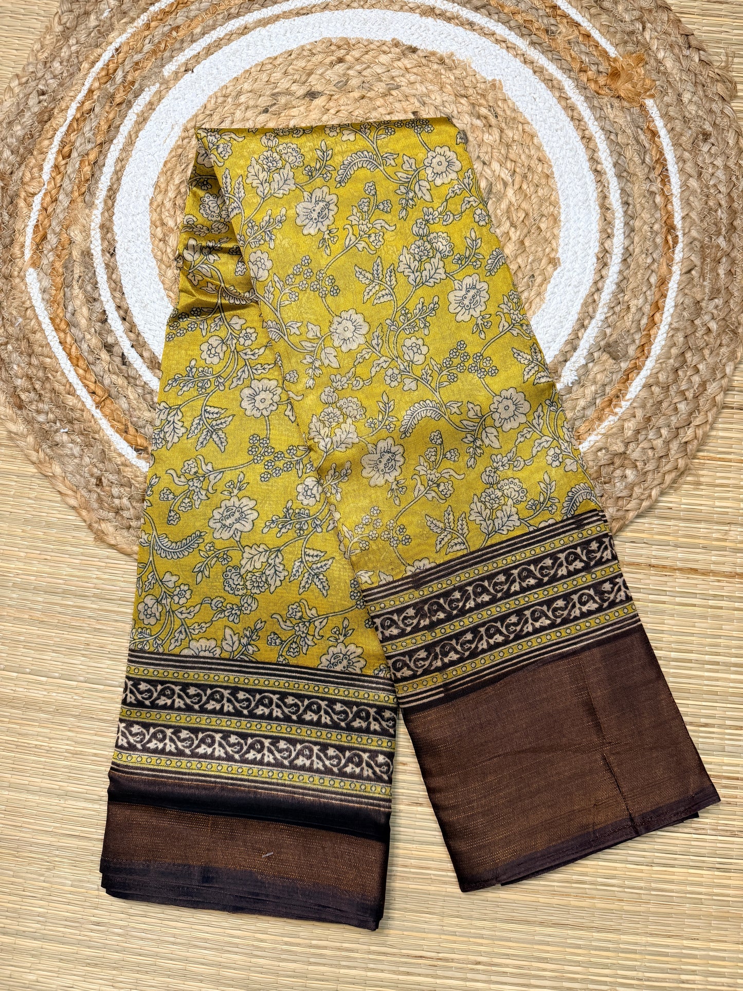 Olive Green Floral Print Linen Cotton Blend Saree with Dark Brown Border FS03