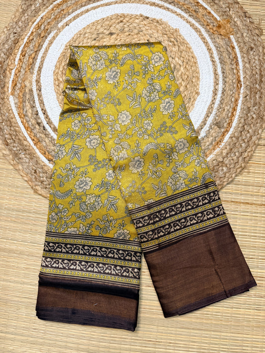 Olive Green Floral Print Linen Cotton Blend Saree with Dark Brown Border FS03