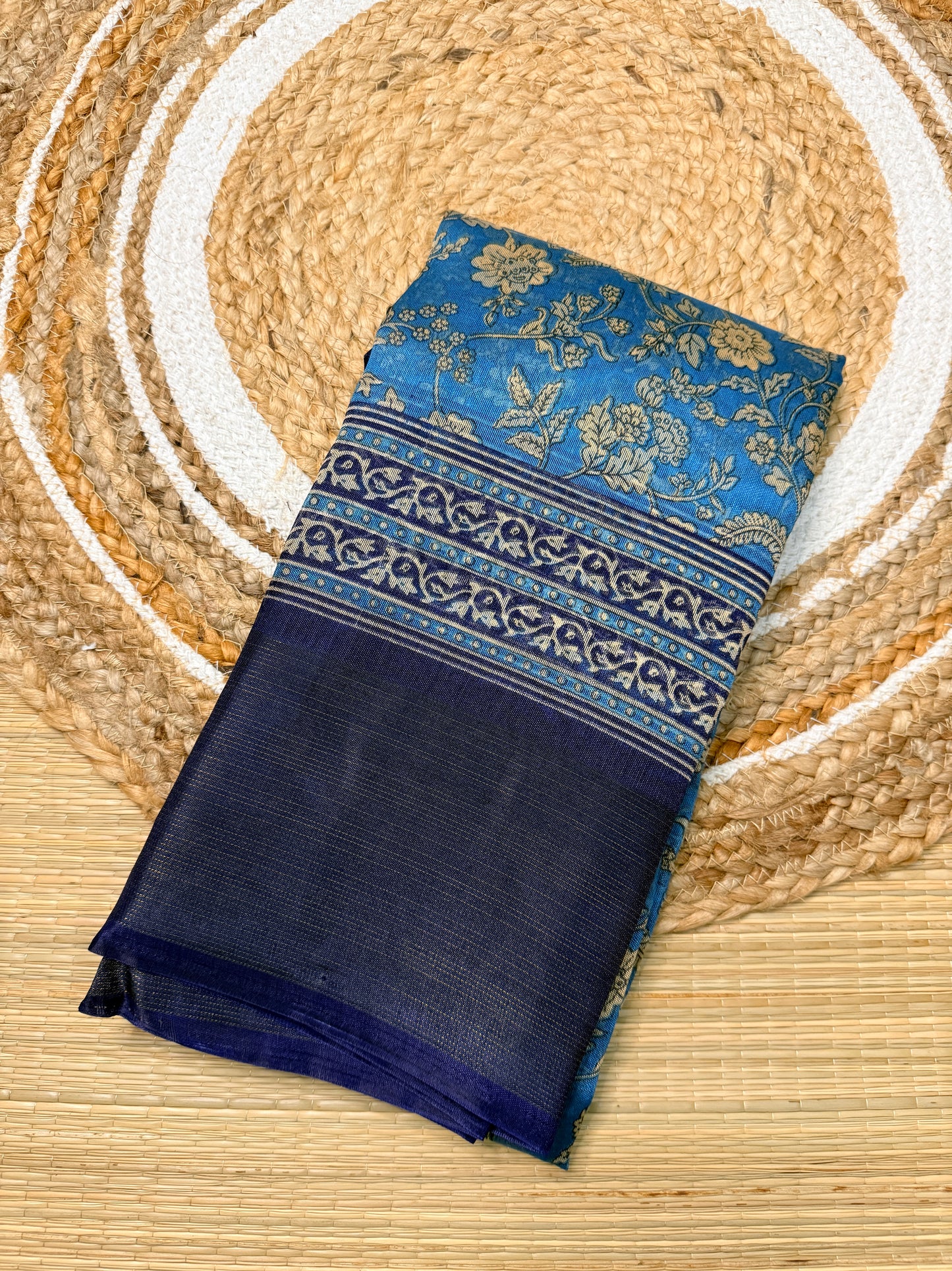 Steel Blue Floral Print Linen Cotton Blend Saree with Navy Border FS02
