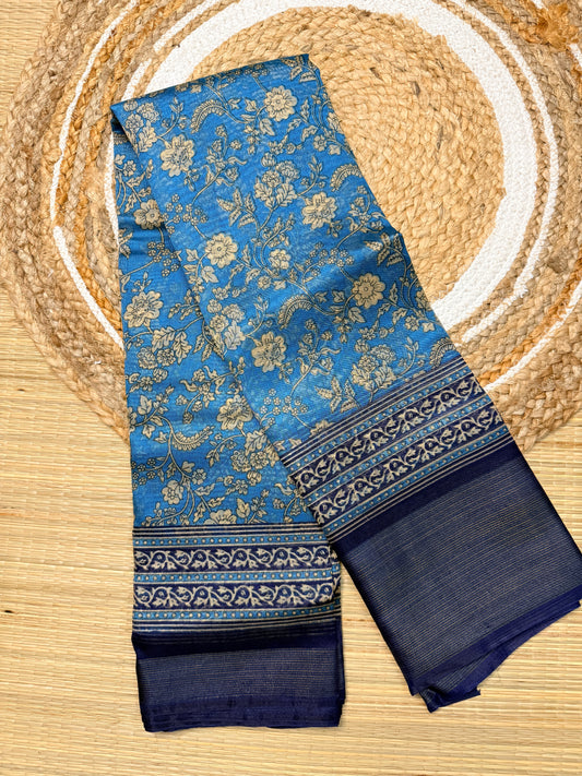 Steel Blue Floral Print Linen Cotton Blend Saree with Navy Border FS02