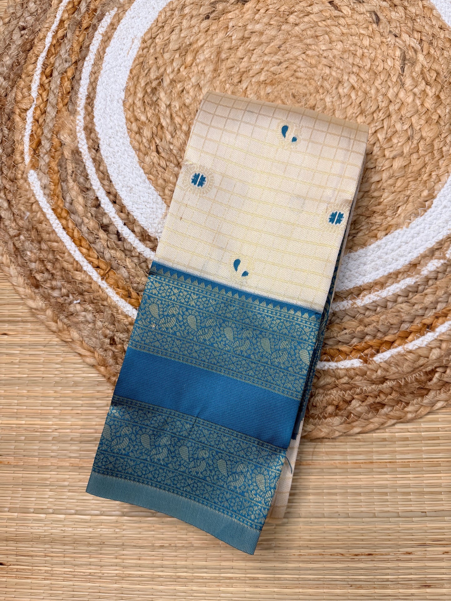 Cream & Teal Semi Silk Saree with Gold Check Body & Paisley Zari Pallu