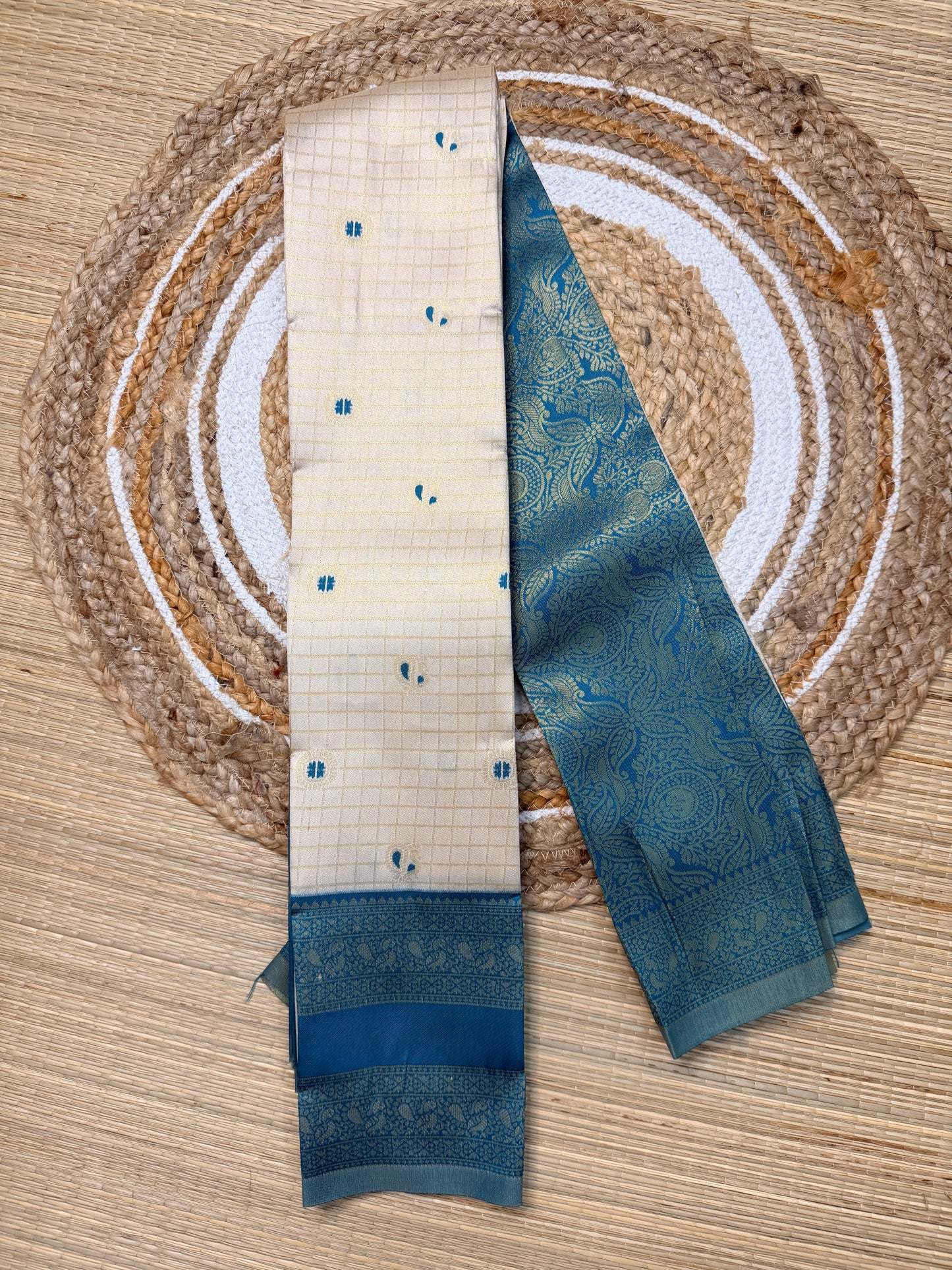 Cream & Teal Semi Silk Saree with Gold Check Body & Paisley Zari Pallu