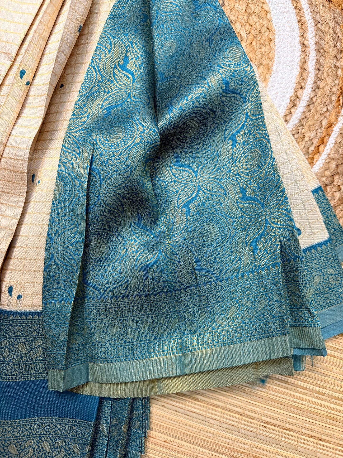 Cream & Teal Semi Silk Saree with Gold Check Body & Paisley Zari Pallu