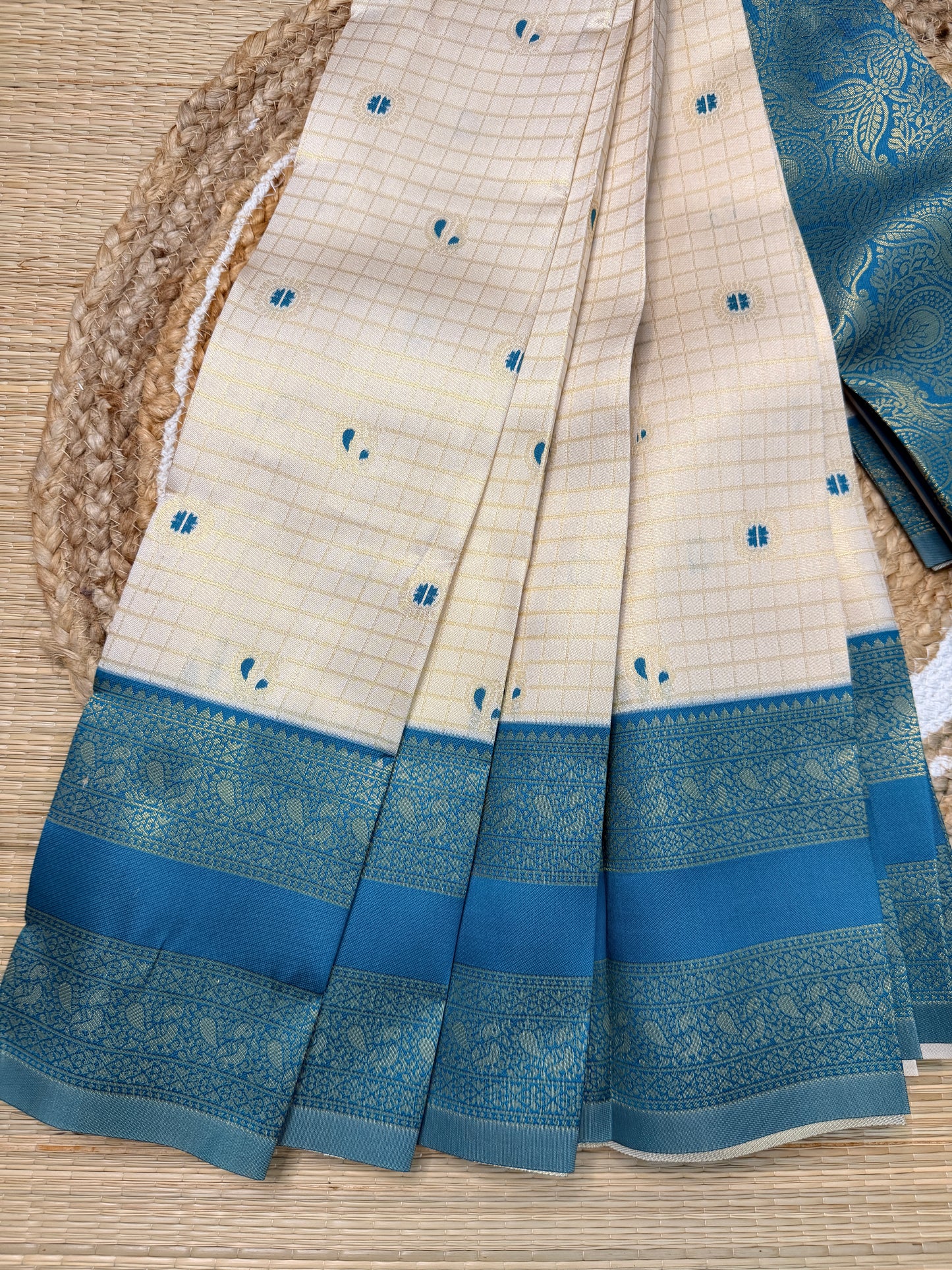 Cream & Teal Semi Silk Saree with Gold Check Body & Paisley Zari Pallu