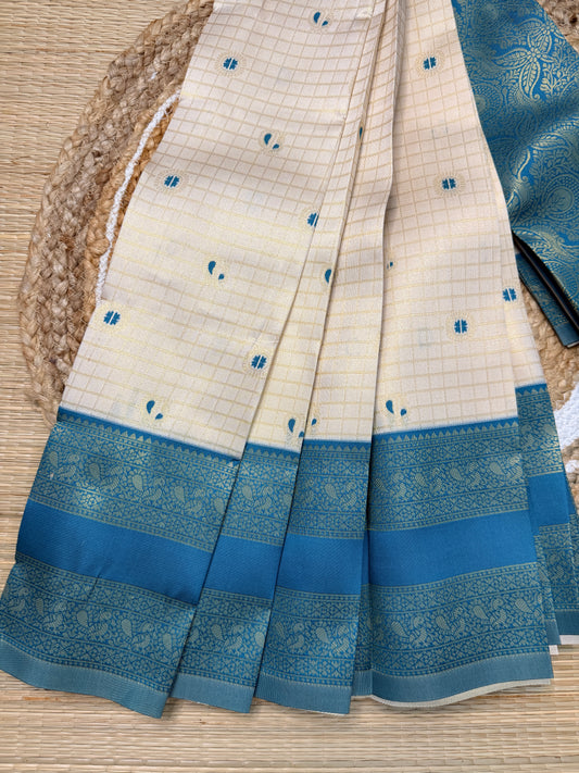 Cream & Teal Semi Silk Saree with Gold Check Body & Paisley Zari Pallu