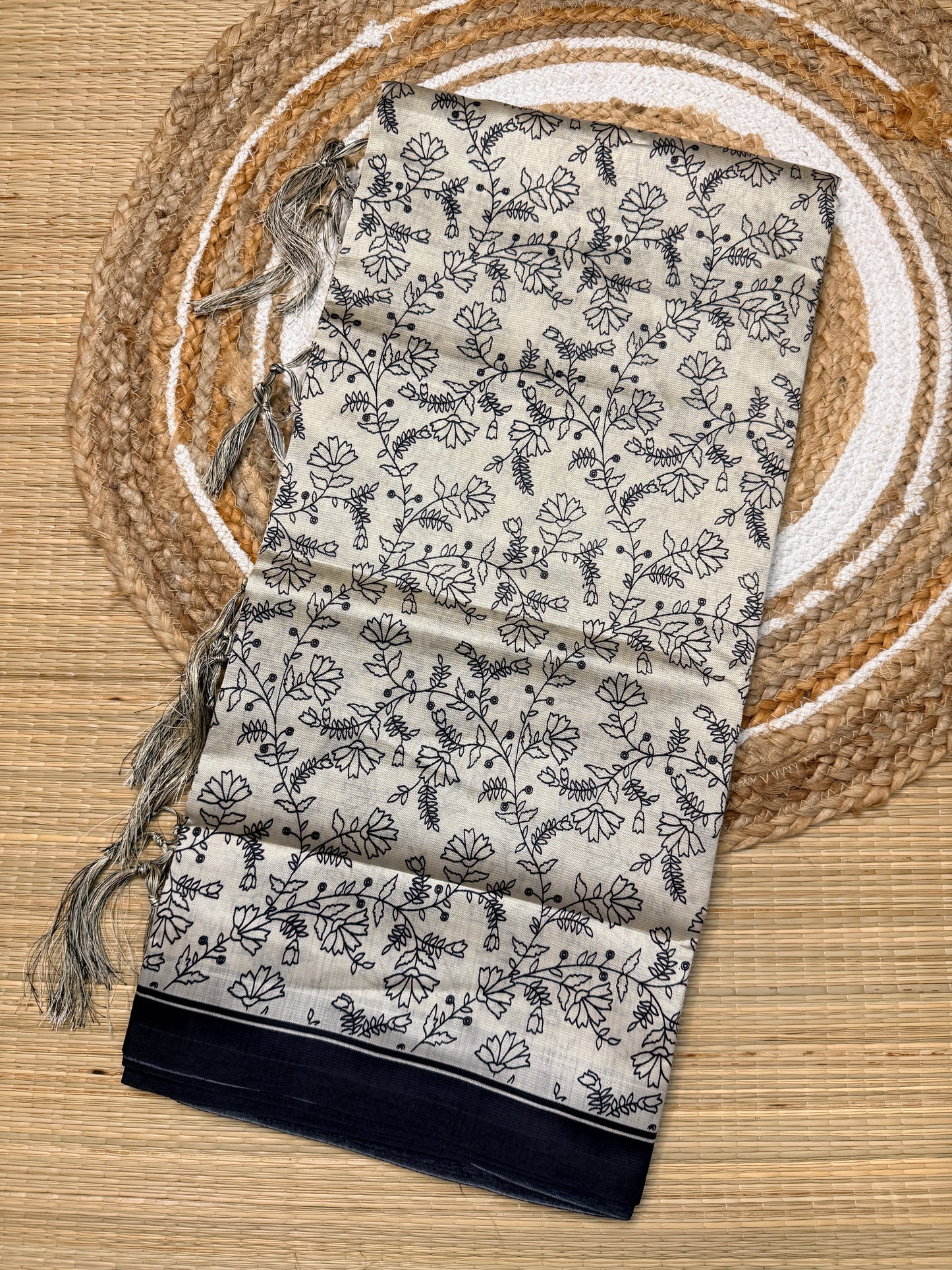 Cream & Black Dola Silk Saree with Botanical Leaf Print & Paisley Pallu FS06