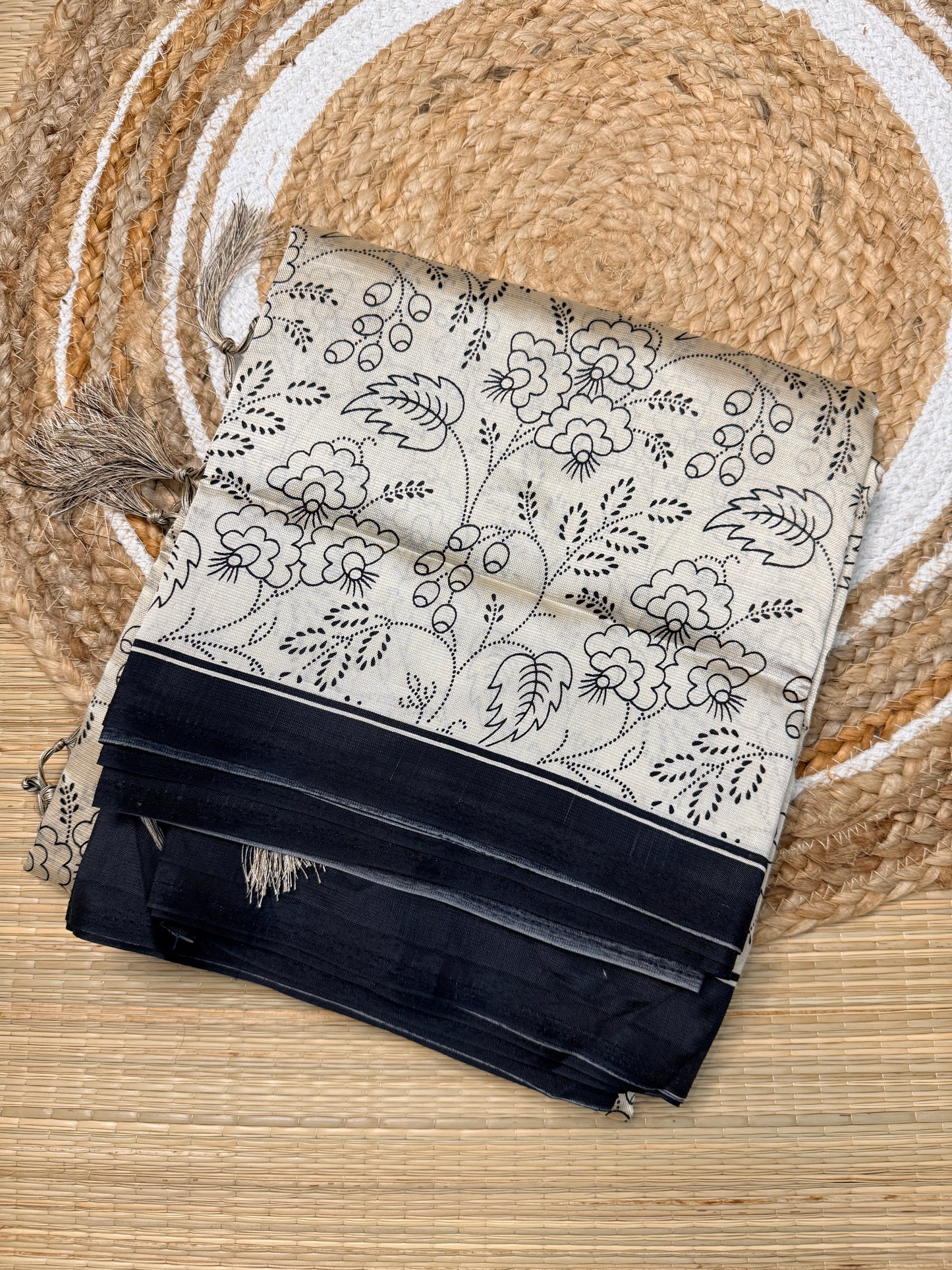 Cream & Black Dola Silk Saree with Floral Block Print & Geometric Pallu FS05