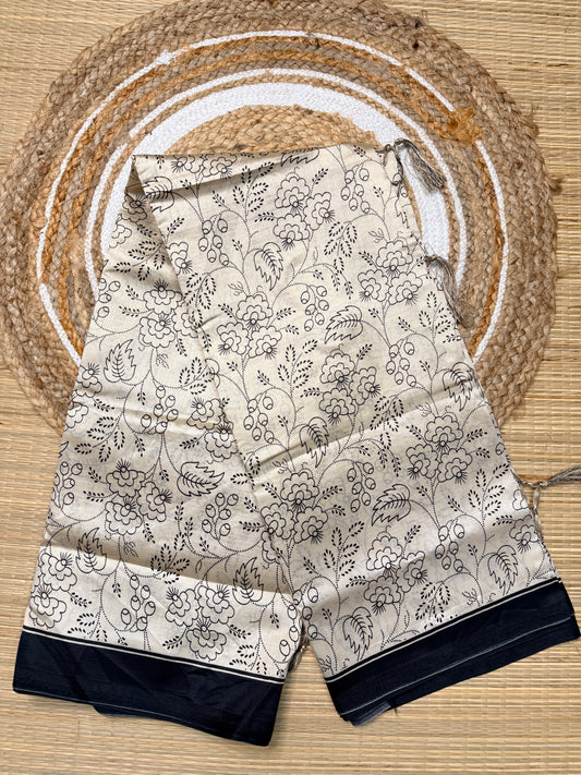 Cream & Black Dola Silk Saree with Floral Block Print & Geometric Pallu FS05