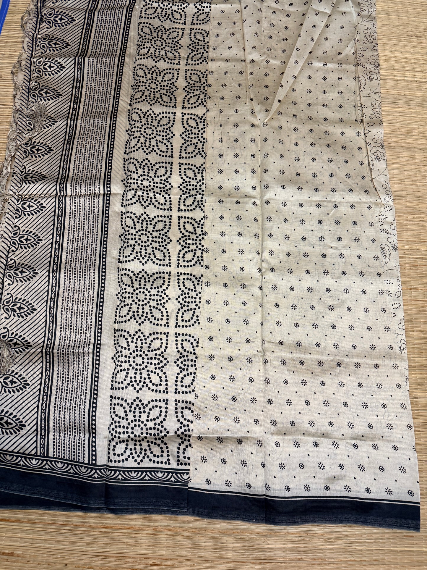 Cream & Black Dola Silk Saree with Floral Block Print & Geometric Pallu FS05