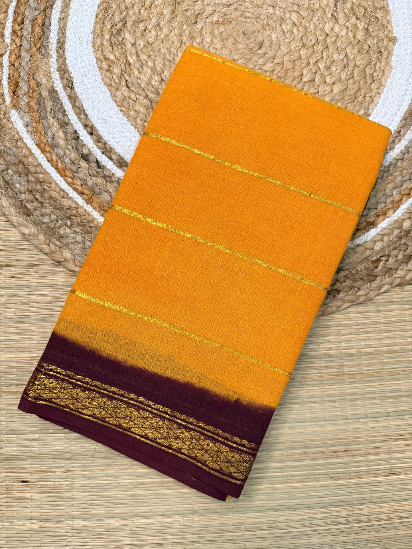 Mustard & Maroon Sungudi Cotton Saree with Gold Zari Stripes