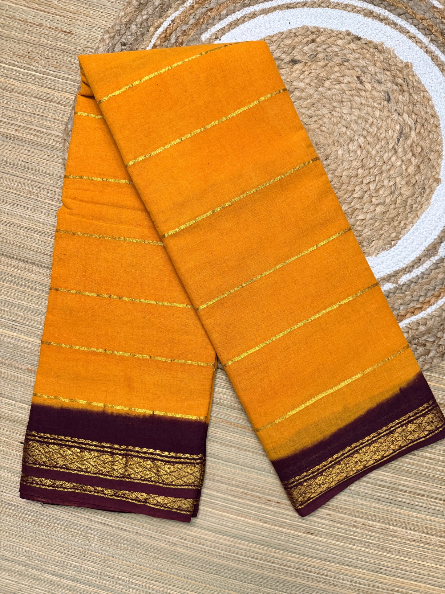 Mustard & Maroon Sungudi Cotton Saree with Gold Zari Stripes