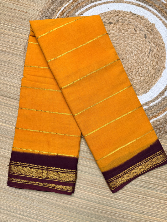 Mustard & Maroon Sungudi Cotton Saree with Gold Zari Stripes