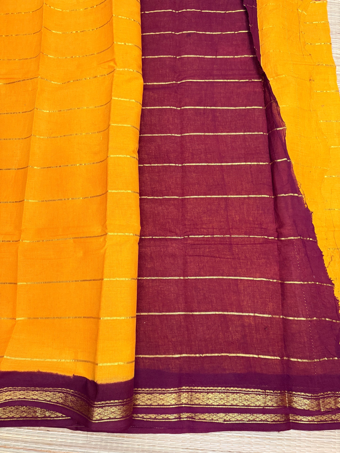 Mustard & Maroon Sungudi Cotton Saree with Gold Zari Stripes