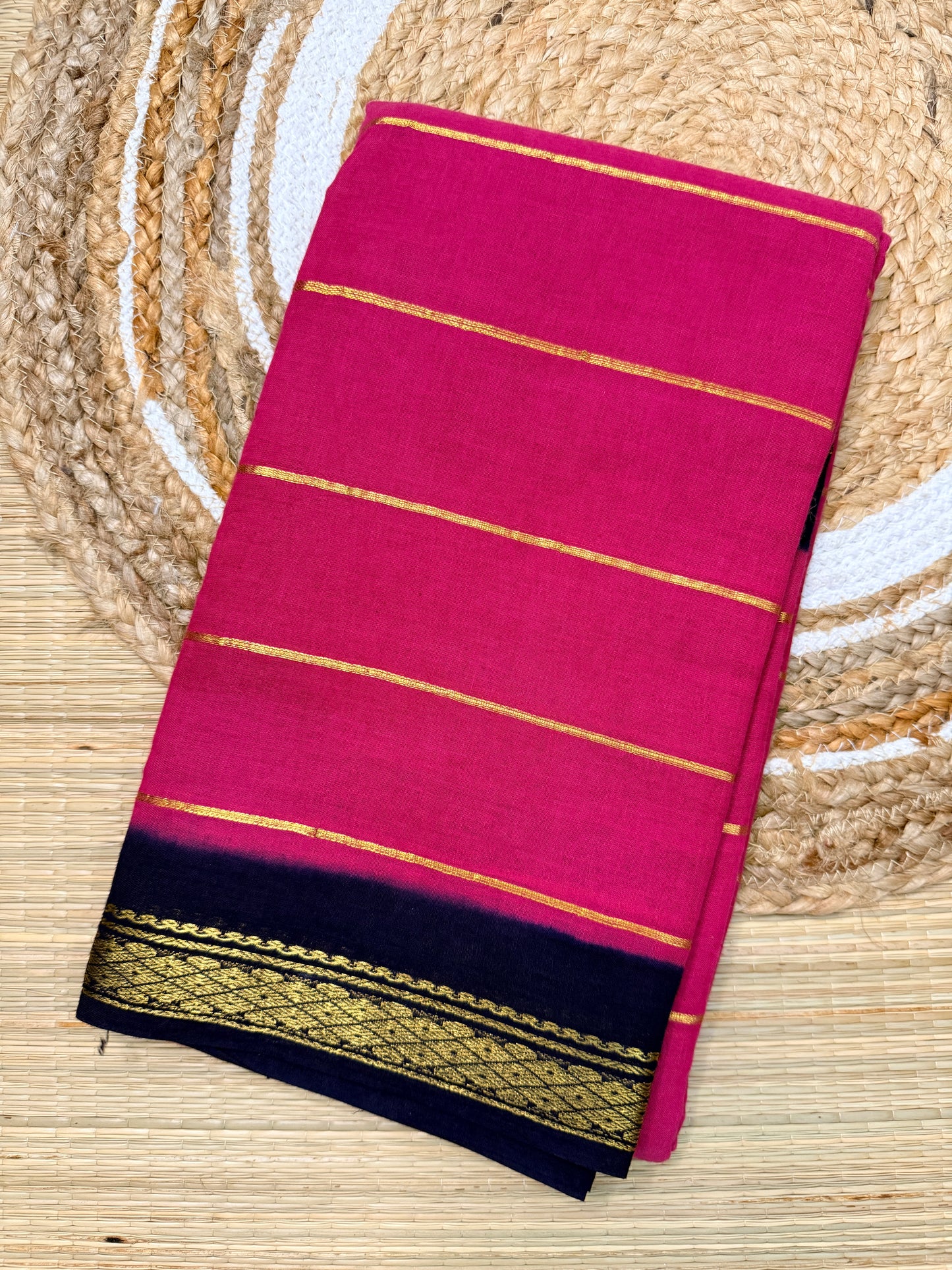 Hot Pink & Navy Sungudi Cotton Saree with Gold Zari Stripes