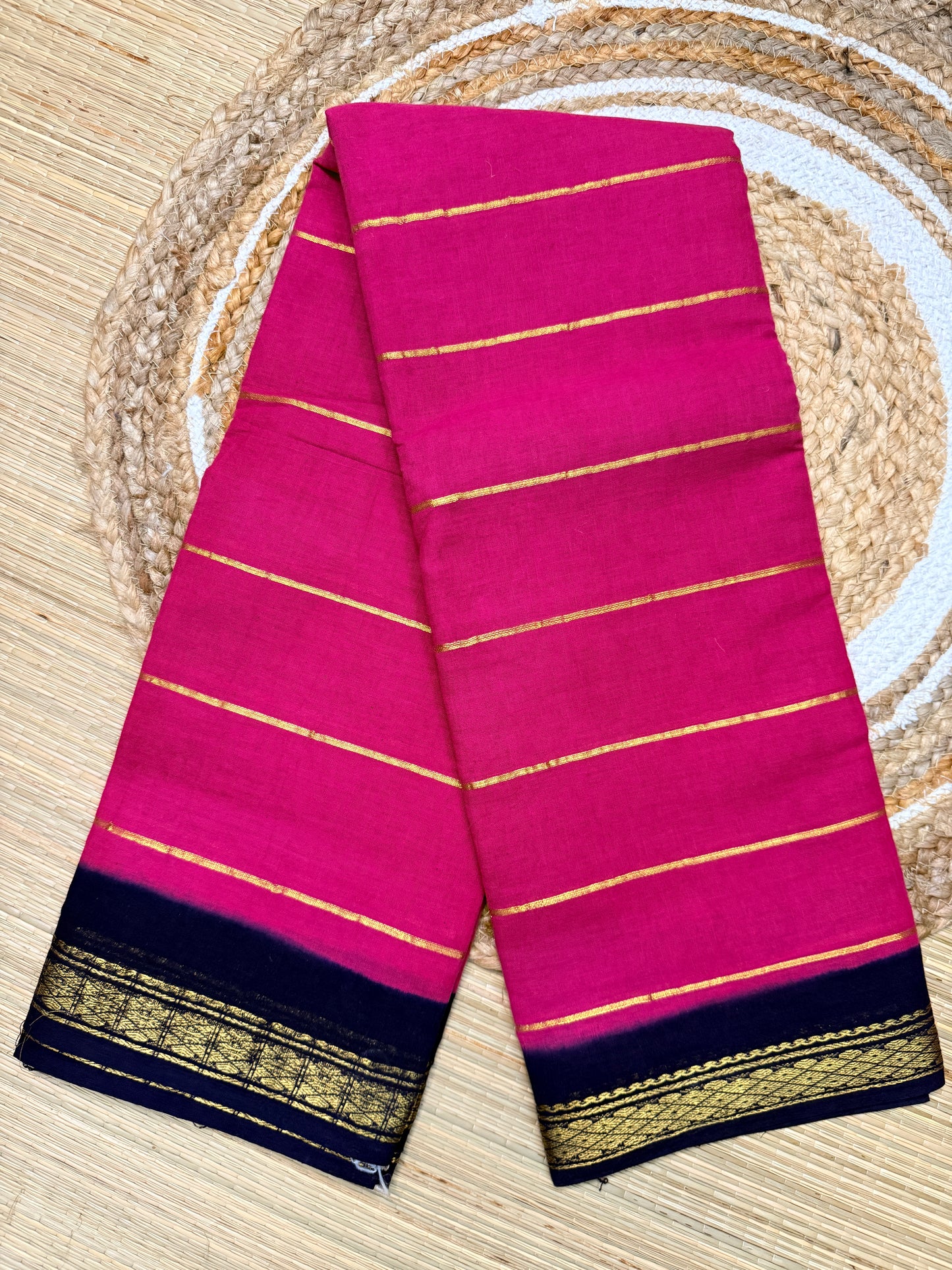 Hot Pink & Navy Sungudi Cotton Saree with Gold Zari Stripes