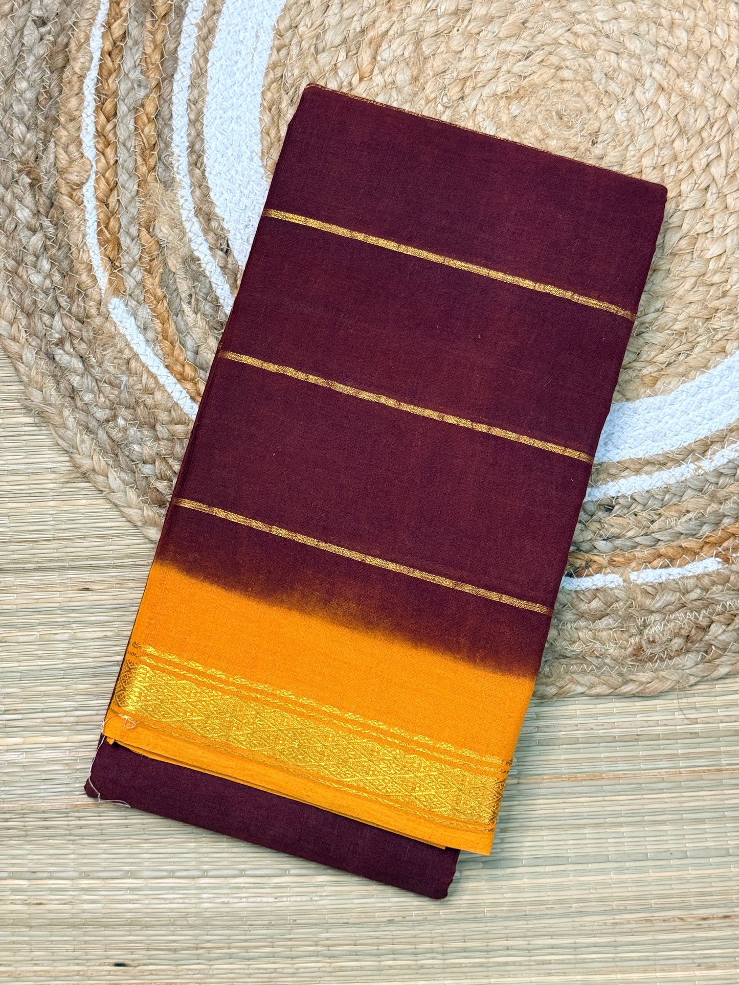 Wine & Mustard Cotton Saree with Gold Zari Stripes & Border