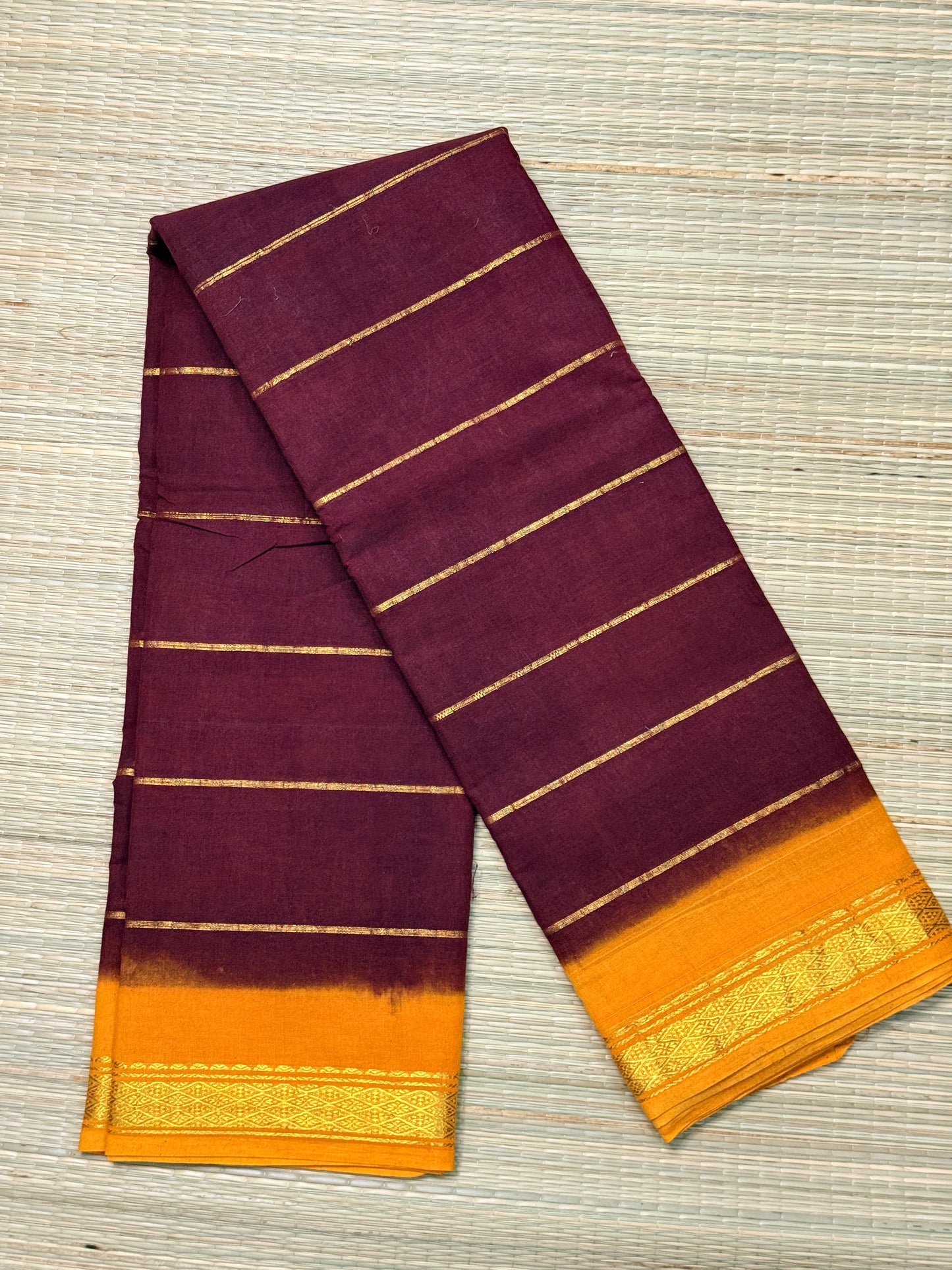 Wine & Mustard Cotton Saree with Gold Zari Stripes & Border