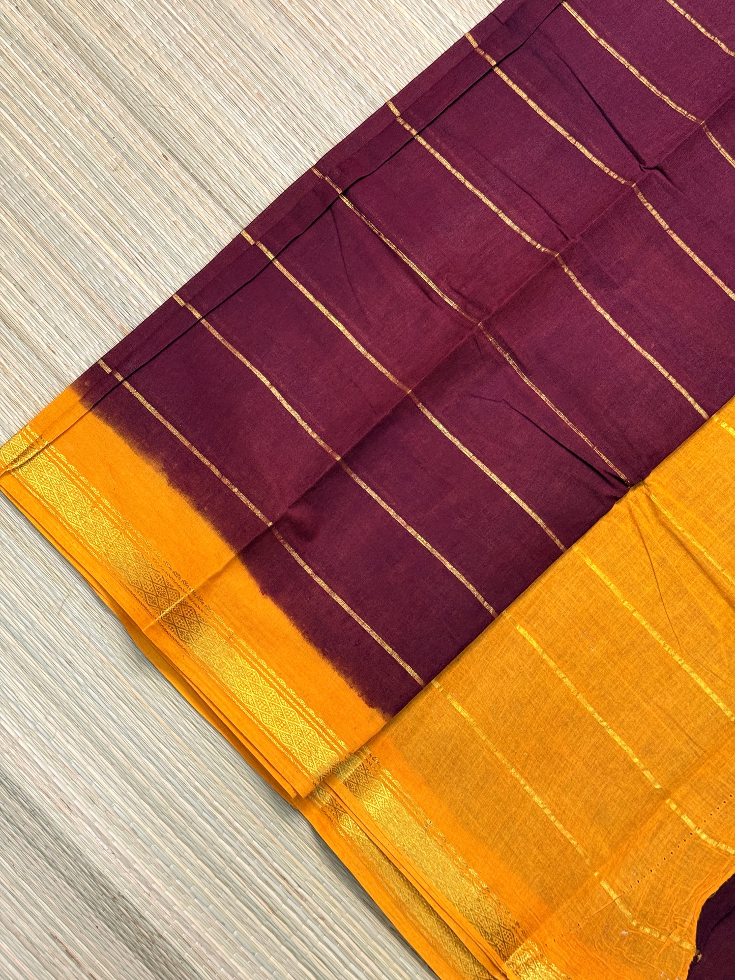 Wine & Mustard Cotton Saree with Gold Zari Stripes & Border