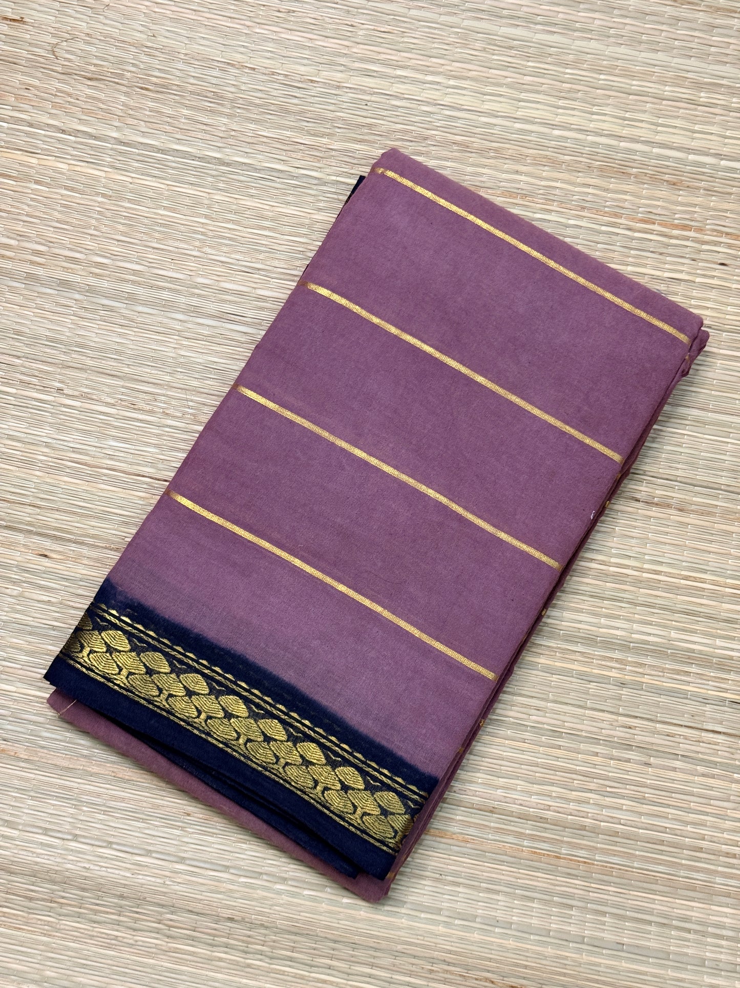 Navy Blue & Lavender Cotton Saree with Gold Zari Stripes & Paisley Border