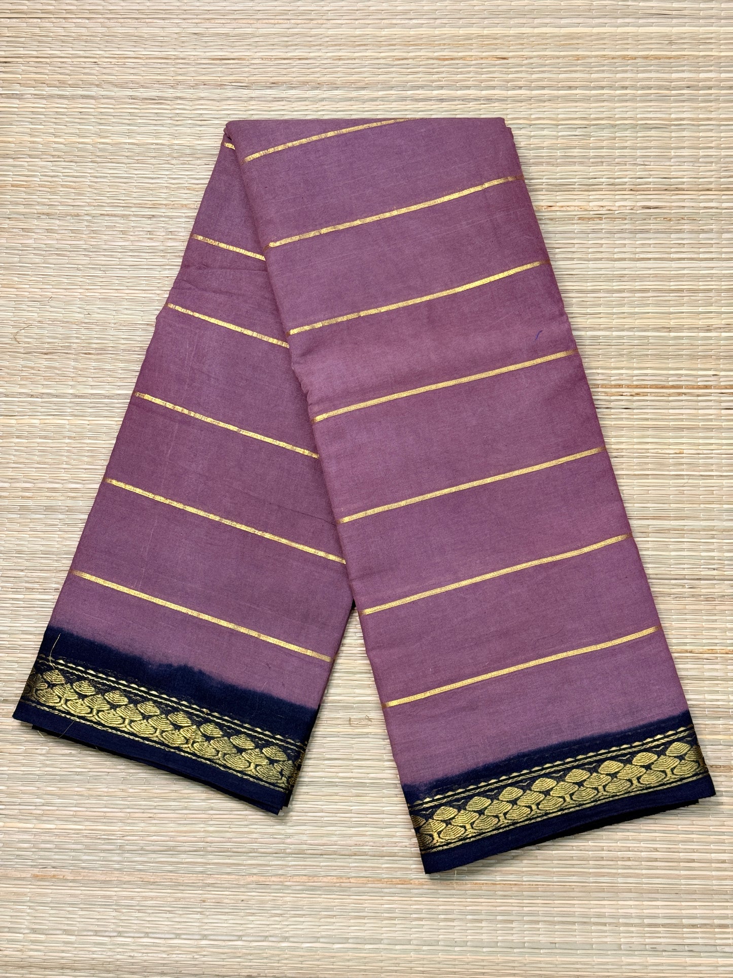 Navy Blue & Lavender Cotton Saree with Gold Zari Stripes & Paisley Border