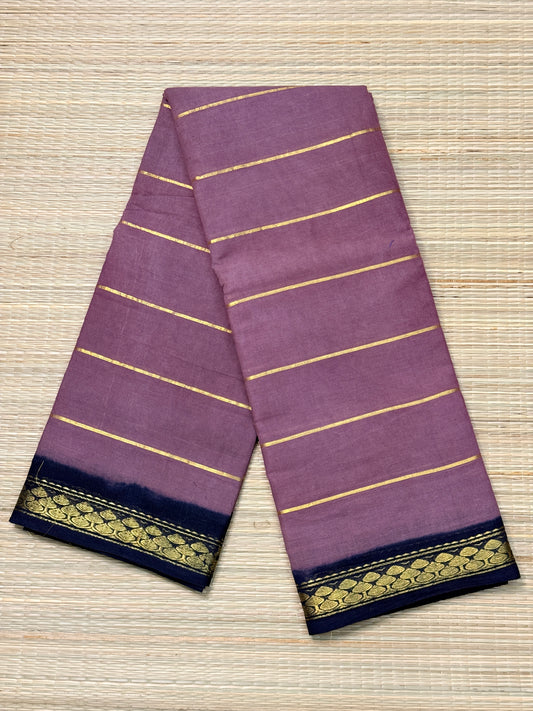 Navy Blue & Lavender Cotton Saree with Gold Zari Stripes & Paisley Border