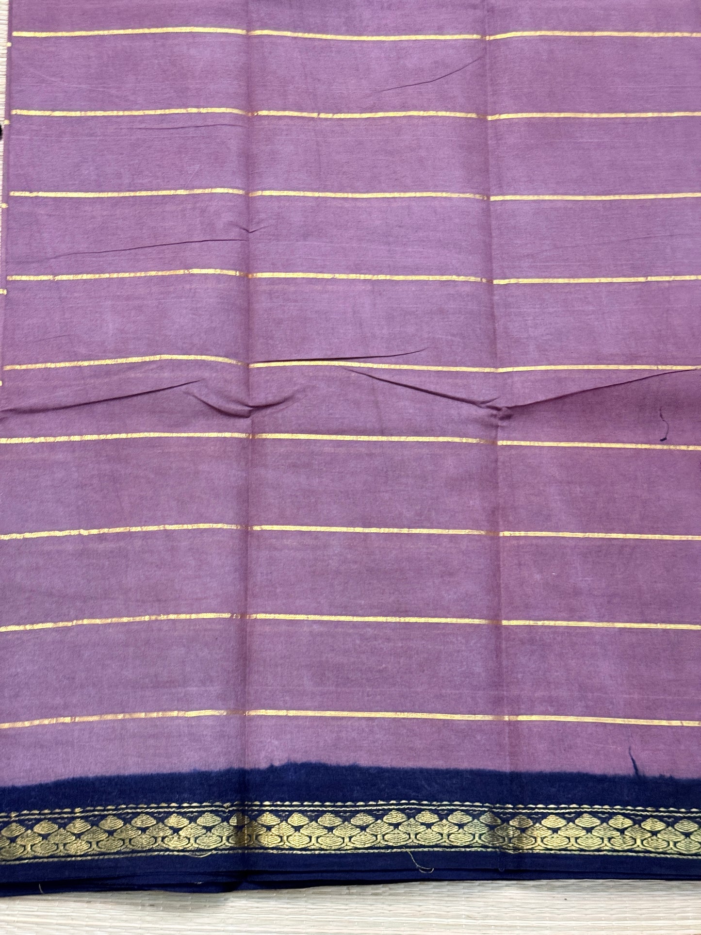 Navy Blue & Lavender Cotton Saree with Gold Zari Stripes & Paisley Border