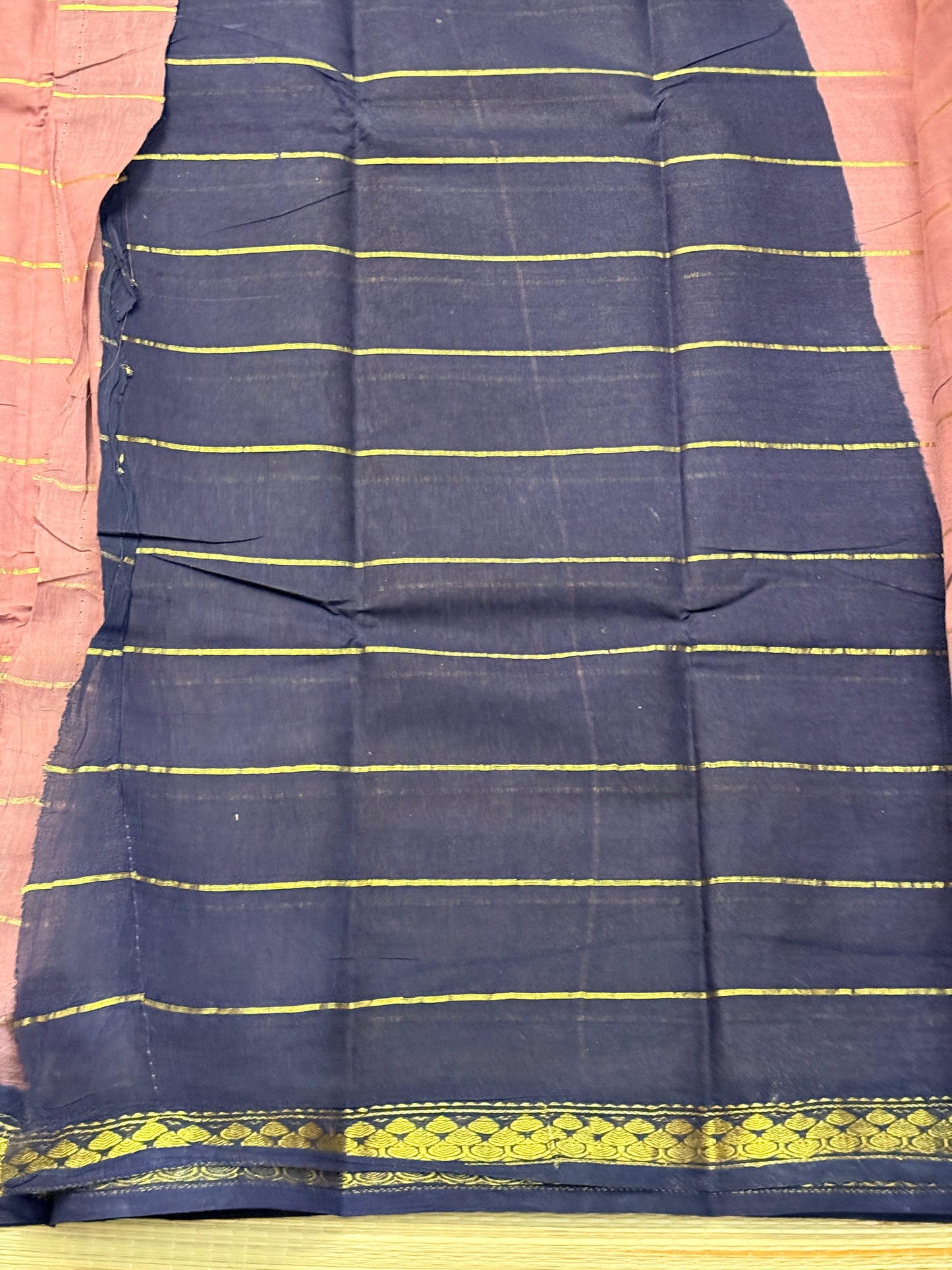 Navy Blue & Lavender Cotton Saree with Gold Zari Stripes & Paisley Border