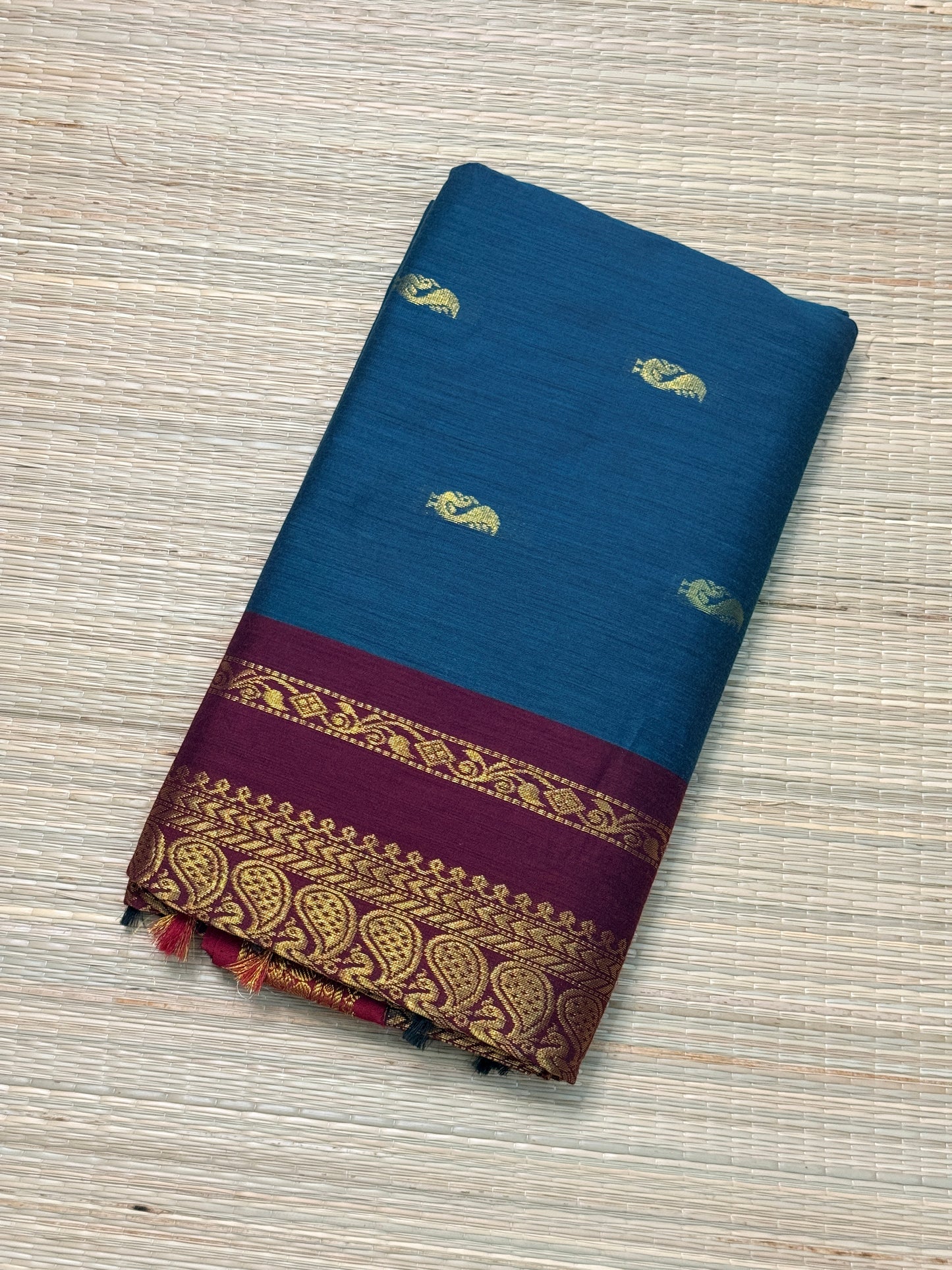 Kalyani Cotton Saree – Wine & Teal with Gold Zari