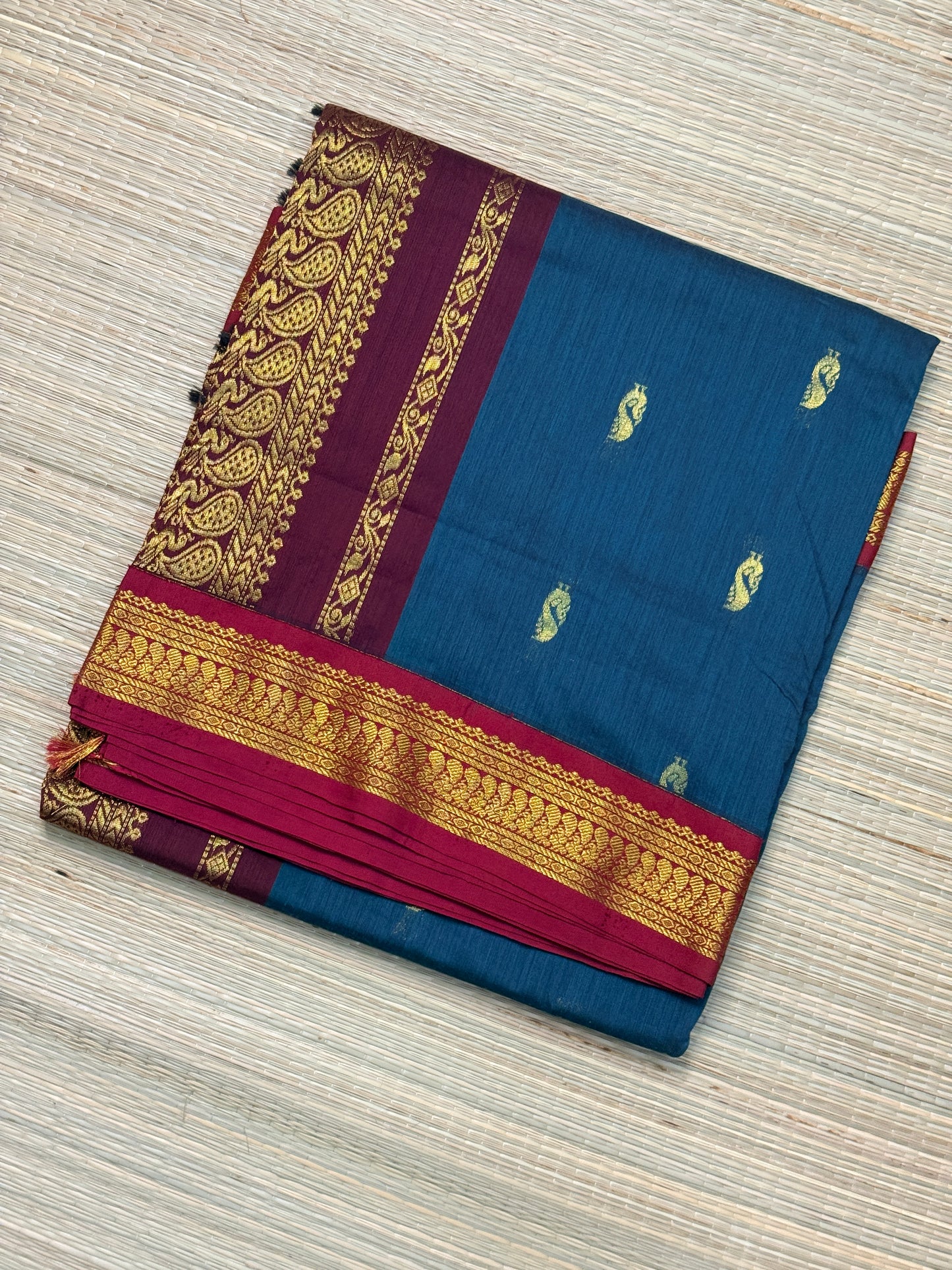Kalyani Cotton Saree – Wine & Teal with Gold Zari