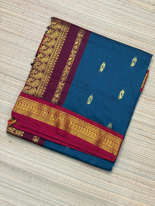 Kalyani Cotton Saree – Wine & Teal with Gold Zari