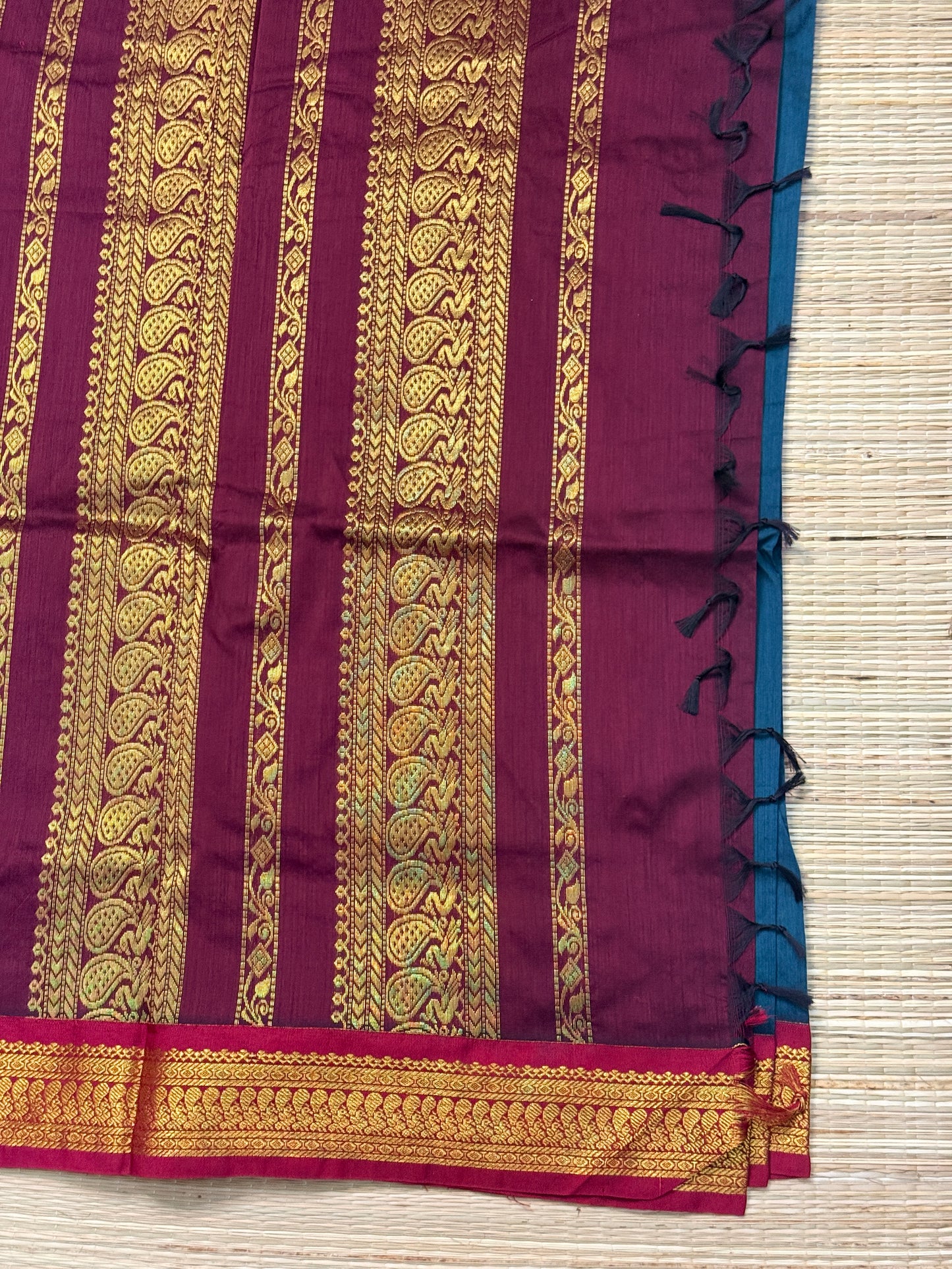 Kalyani Cotton Saree – Wine & Teal with Gold Zari