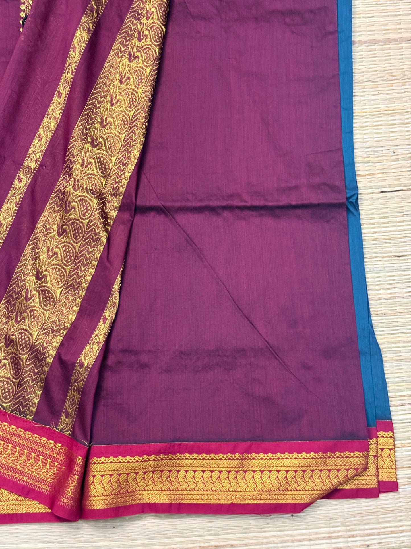 Kalyani Cotton Saree – Wine & Teal with Gold Zari