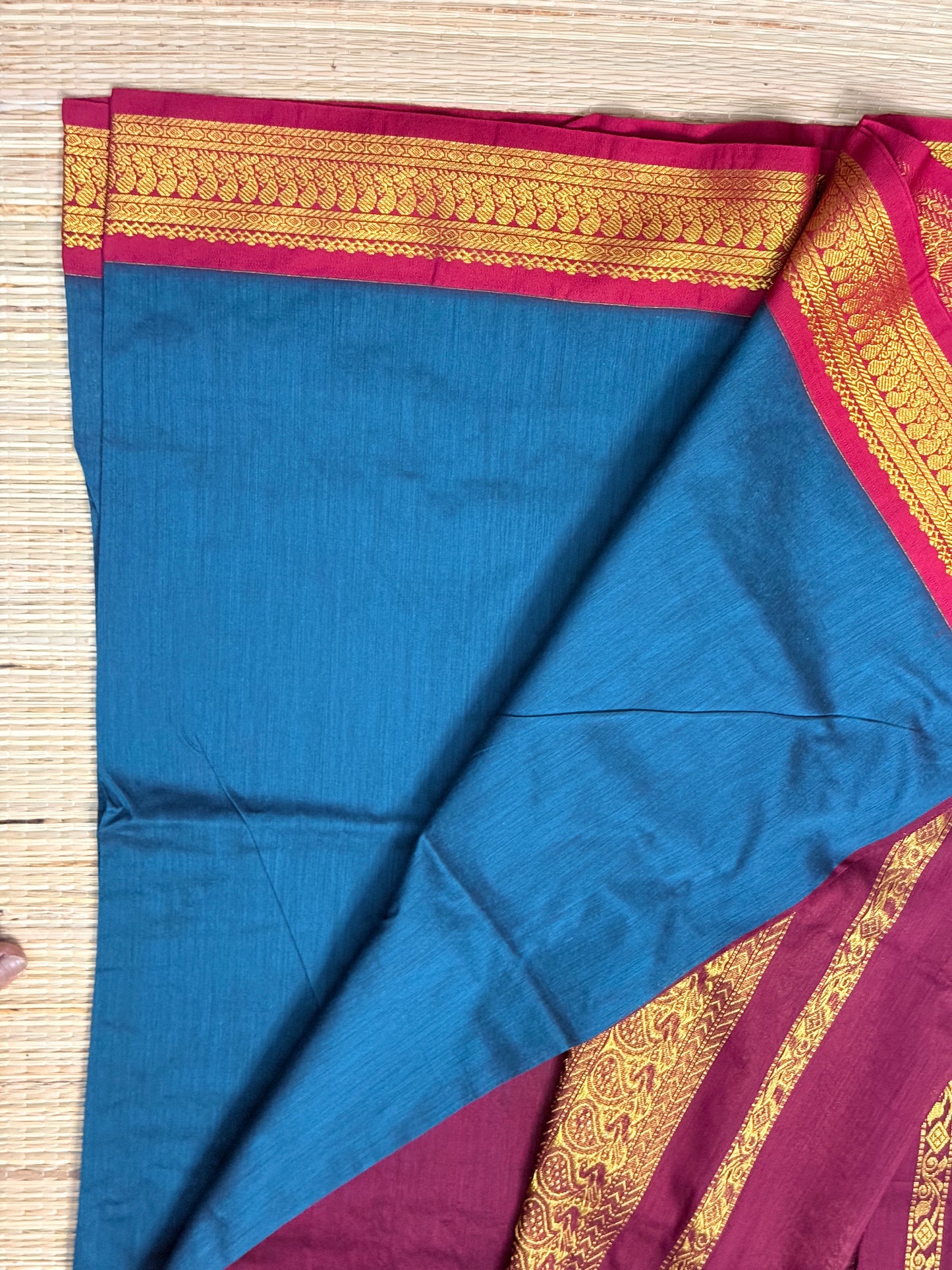 Kalyani Cotton Saree – Wine & Teal with Gold Zari