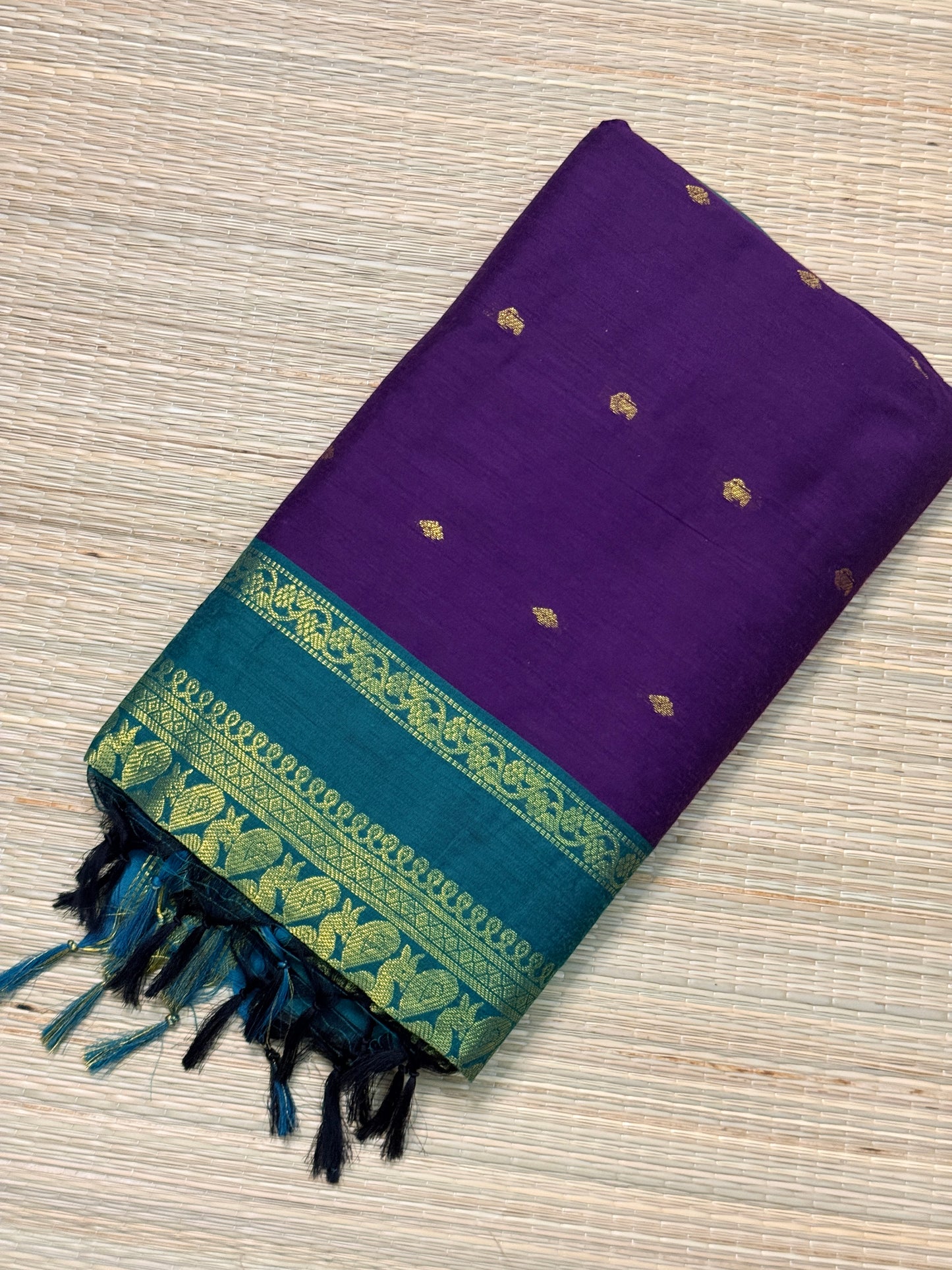 Kalyani Cotton Saree – Purple & Teal with Gold Buttas