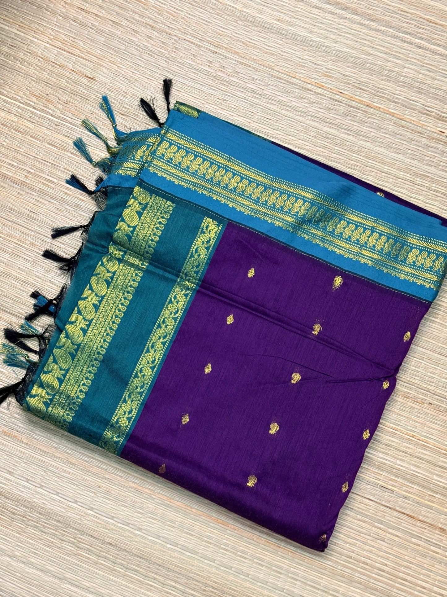 Kalyani Cotton Saree – Purple & Teal with Gold Buttas