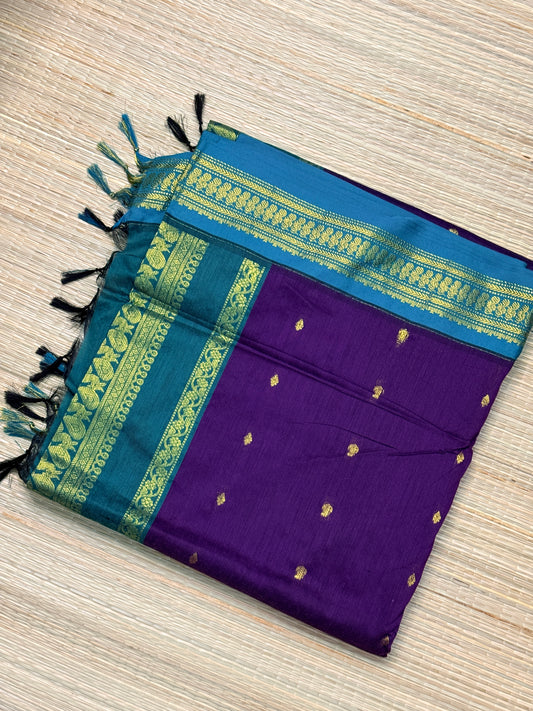 Kalyani Cotton Saree – Purple & Teal with Gold Buttas