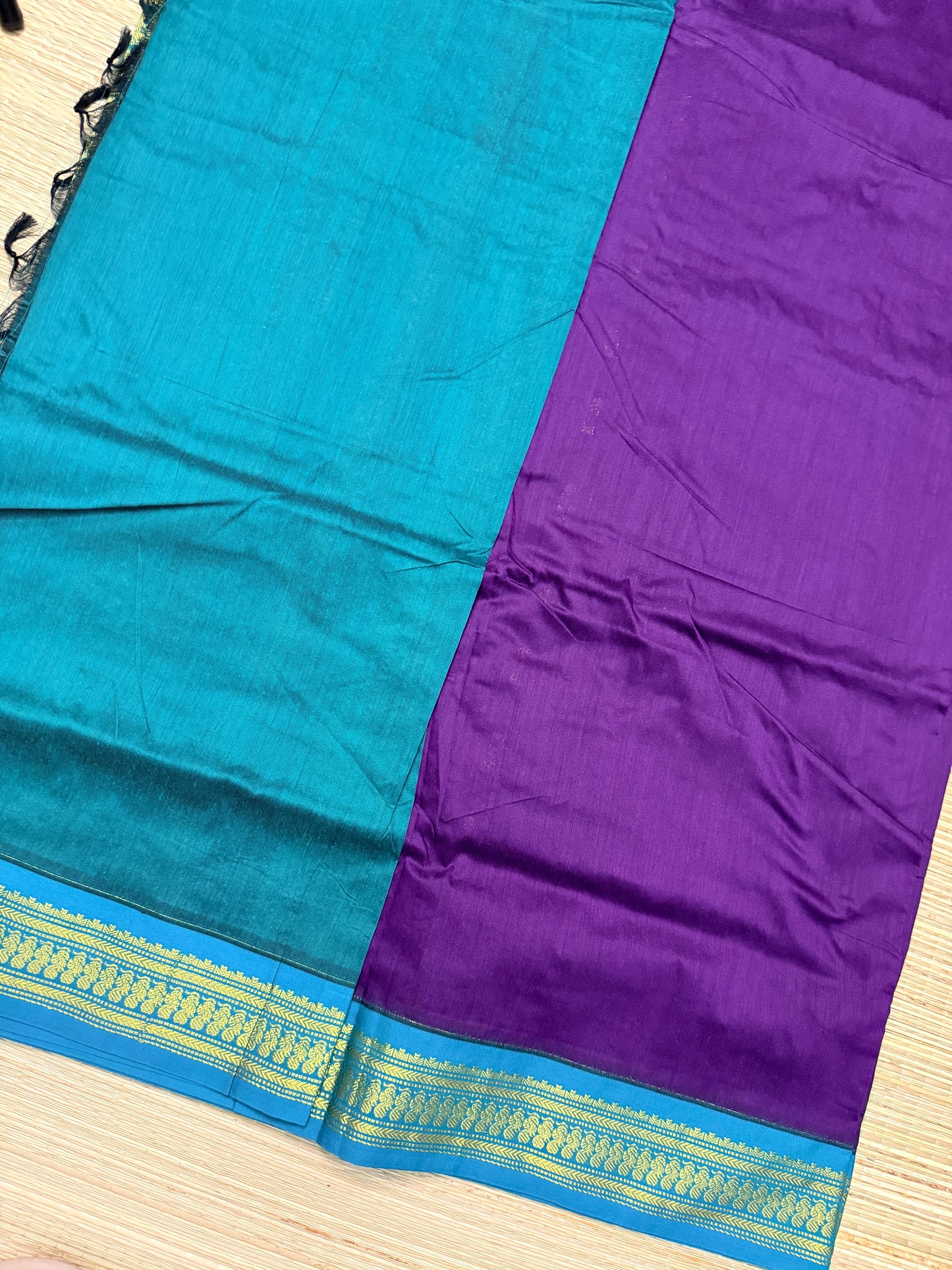 Kalyani Cotton Saree – Purple & Teal with Gold Buttas