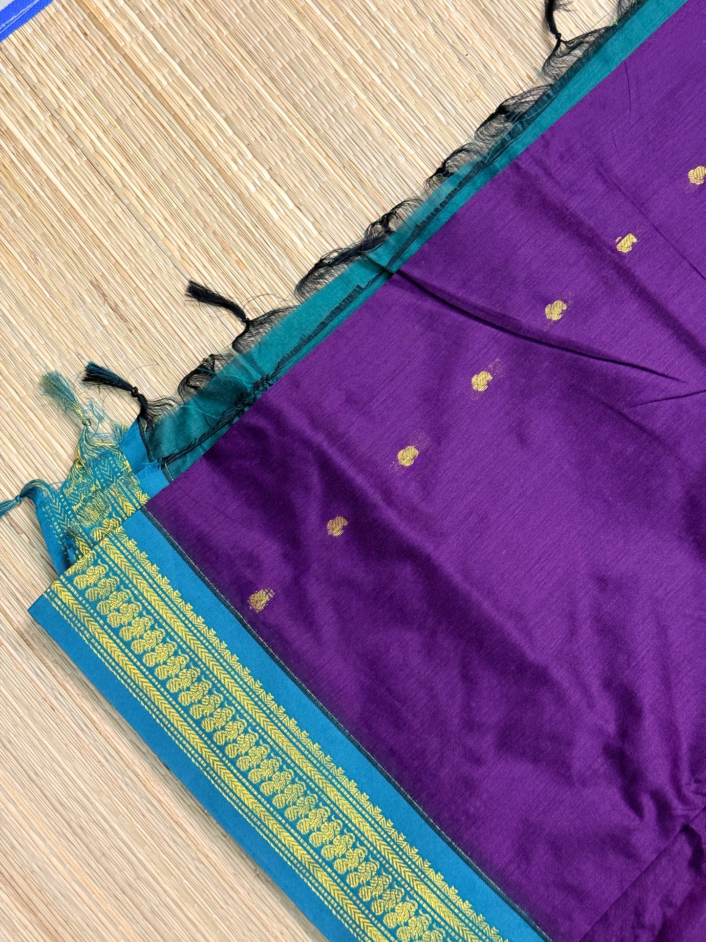 Kalyani Cotton Saree – Purple & Teal with Gold Buttas