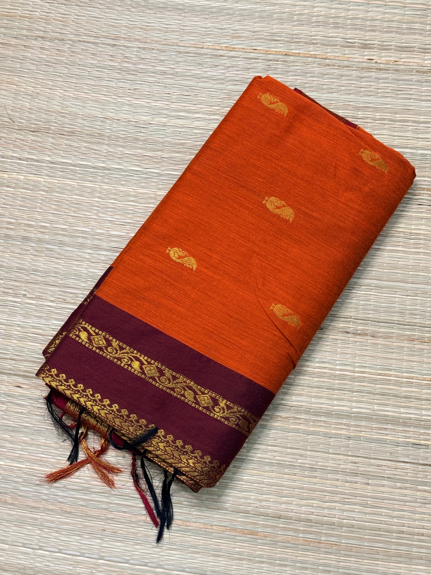 Kalyani Cotton Saree – Wine & Orange with Heavy Gold Zari