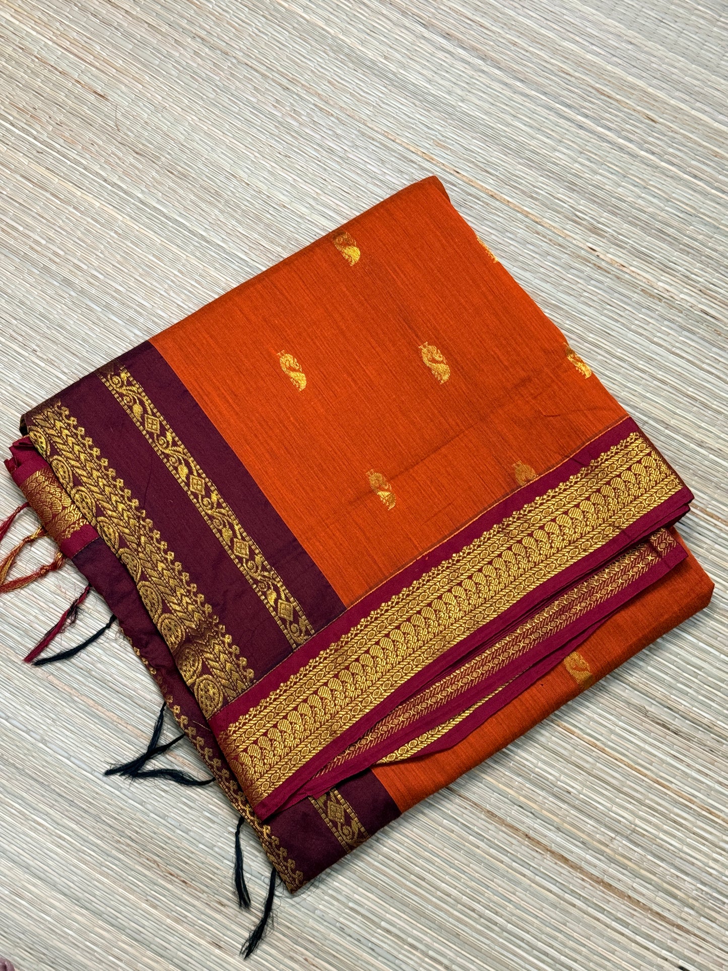Kalyani Cotton Saree – Wine & Orange with Heavy Gold Zari