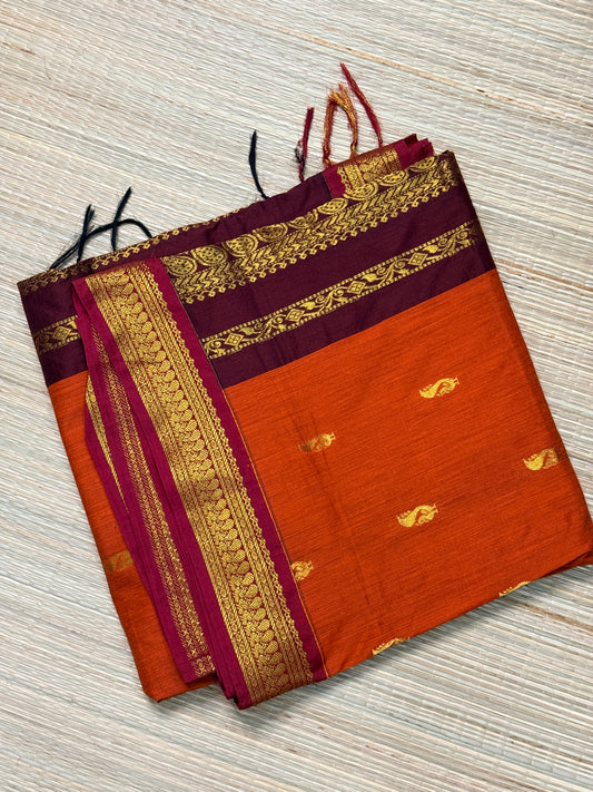 Kalyani Cotton Saree – Wine & Orange with Heavy Gold Zari