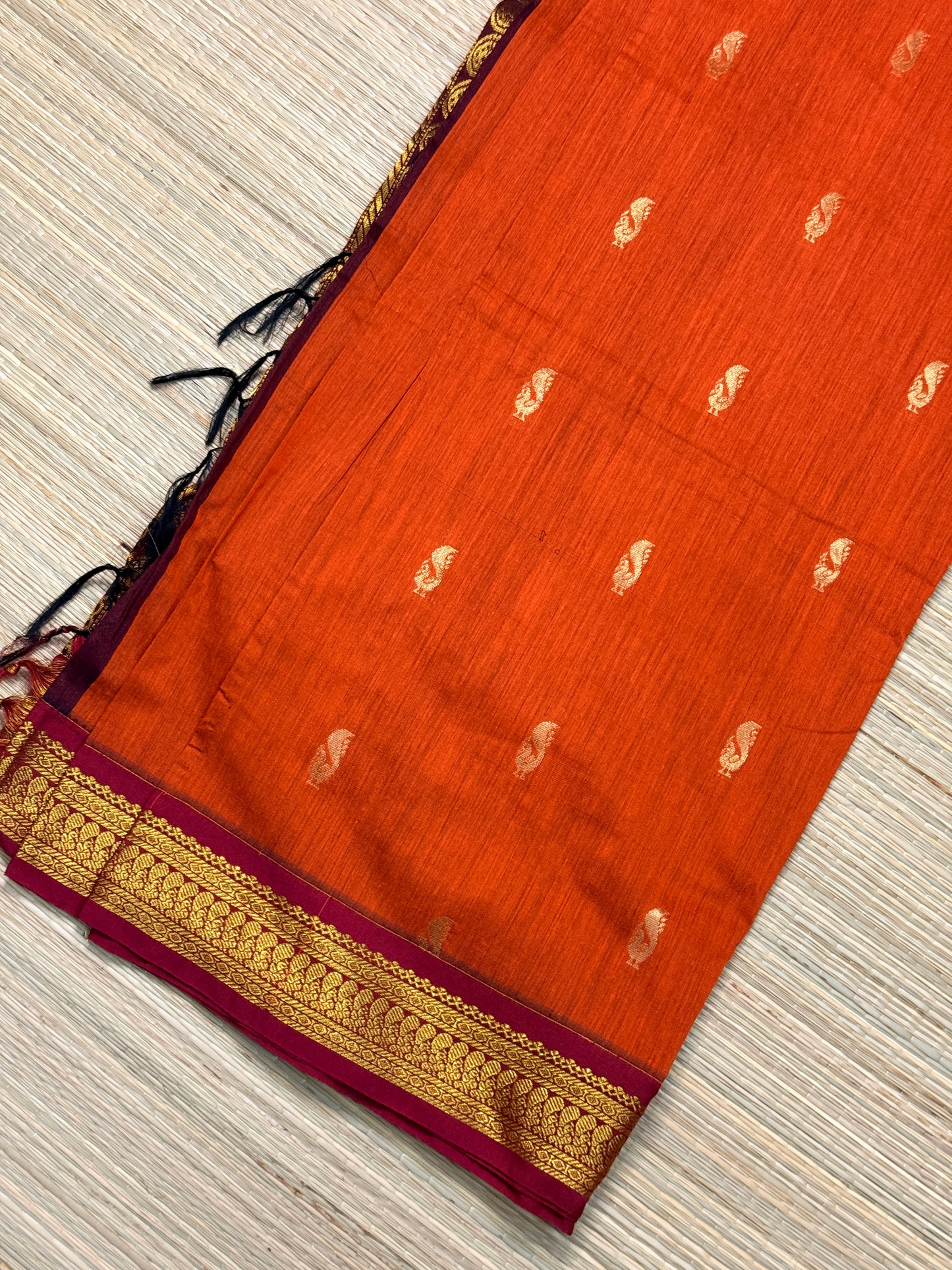 Kalyani Cotton Saree – Wine & Orange with Heavy Gold Zari